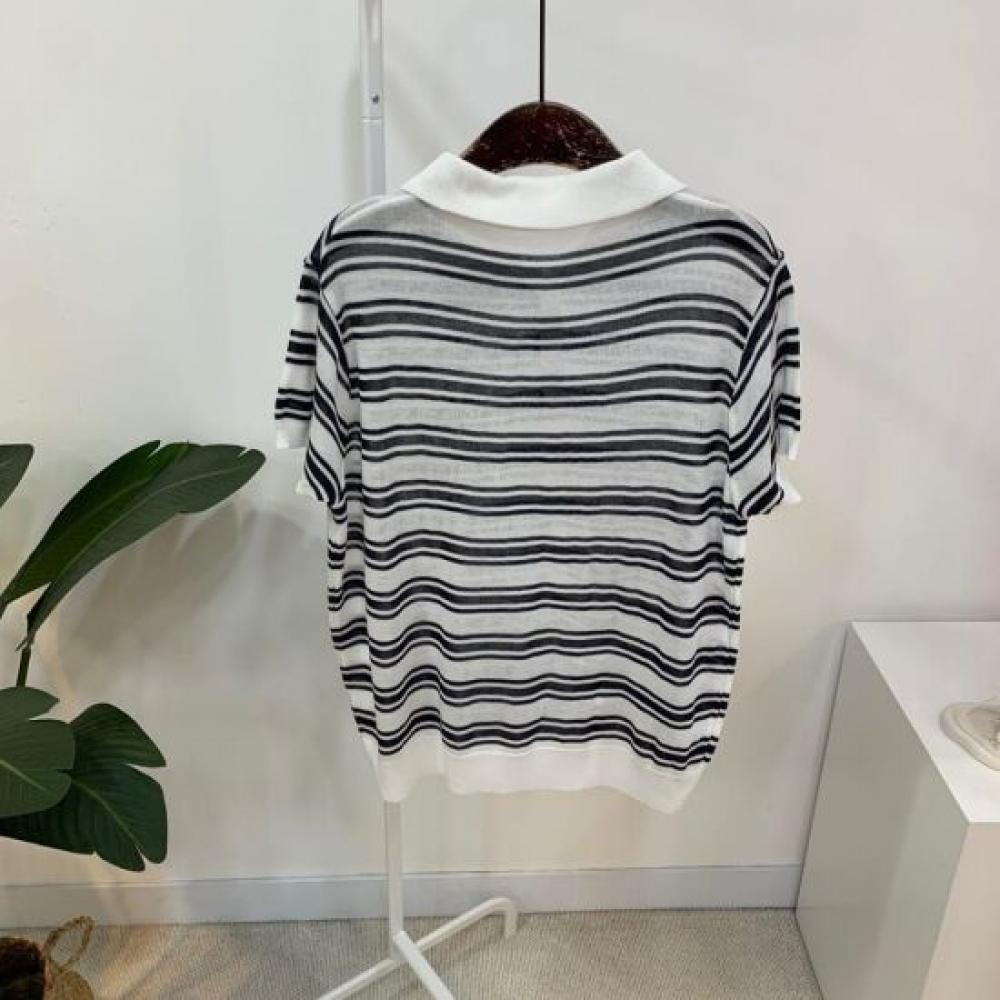 C S In The Room Shami Collar neCk Stripe Short Sleeve Knit 3Color