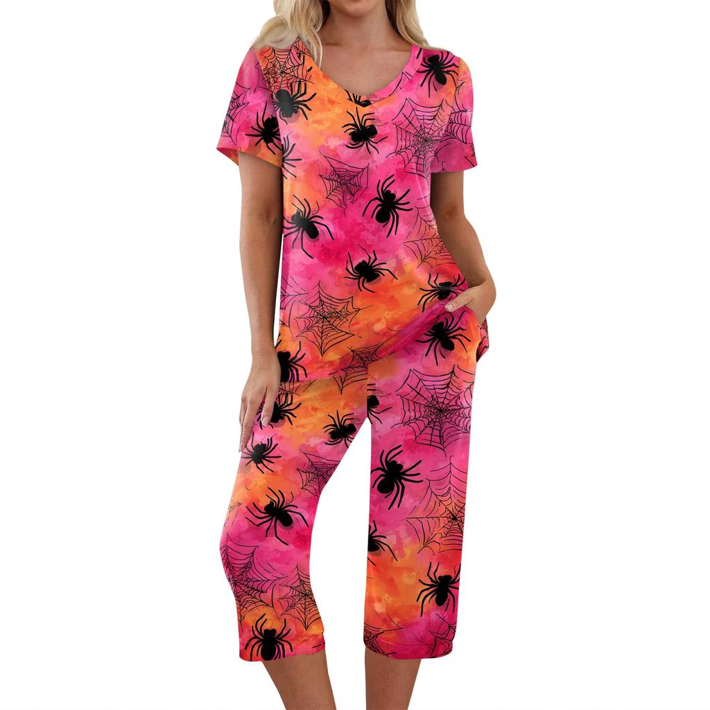 Women's Festive Halloween Print Tracksuit Set - 2 Piece Short Sleeve Top & Cropped Pants, Casual Costume Outfit for Fall Party