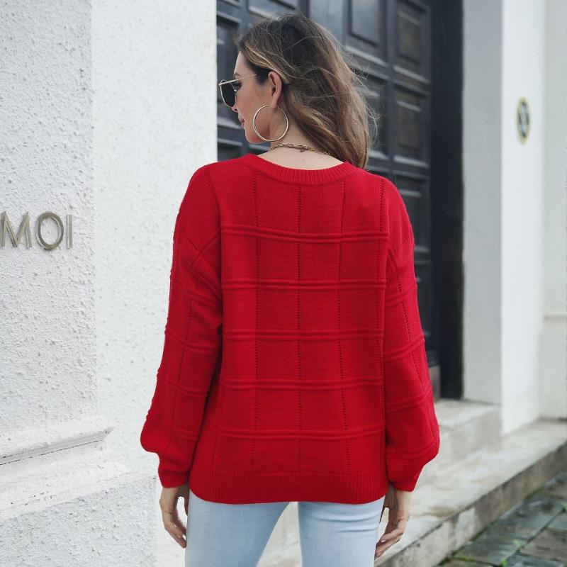 Women Loose Fit Long Sleeve Plaid Knit Sweater Autumn Winter