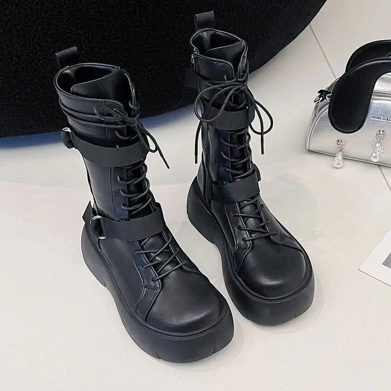 Fashion Height Increase Lace-up Women's Half High Boots Cosplay Fashion 2025 Trend Footwear Demi-season New Gothic Ladies Mid Calf Shoes