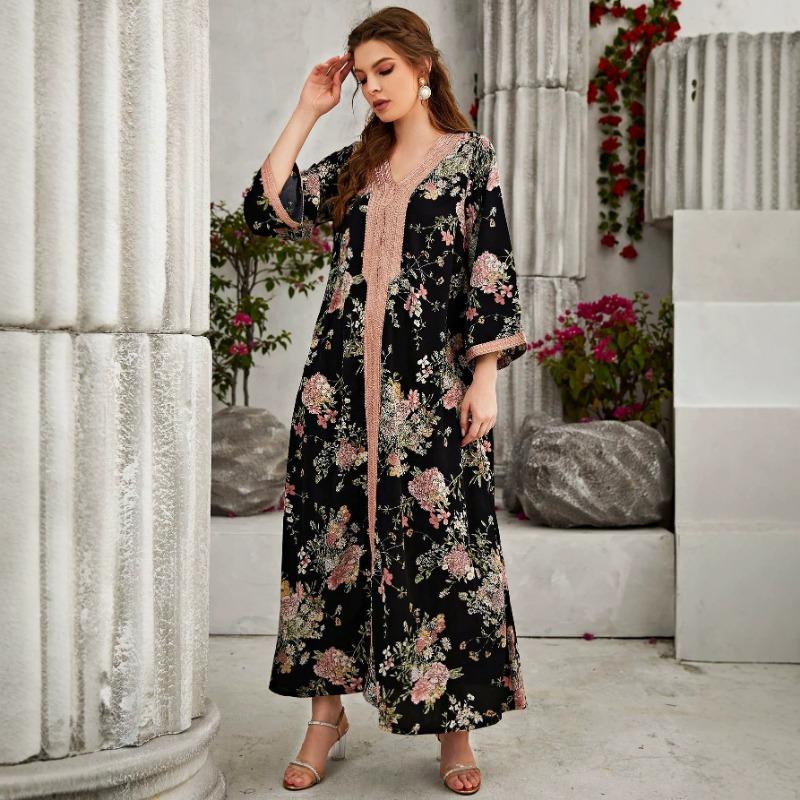 Women Elegant Ethnic Style Loose Plus Size Floral Print Long Dress