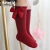Girls' Bow Mid-Calf Cotton Socks - Cute Solid Colors for Spring & Autumn