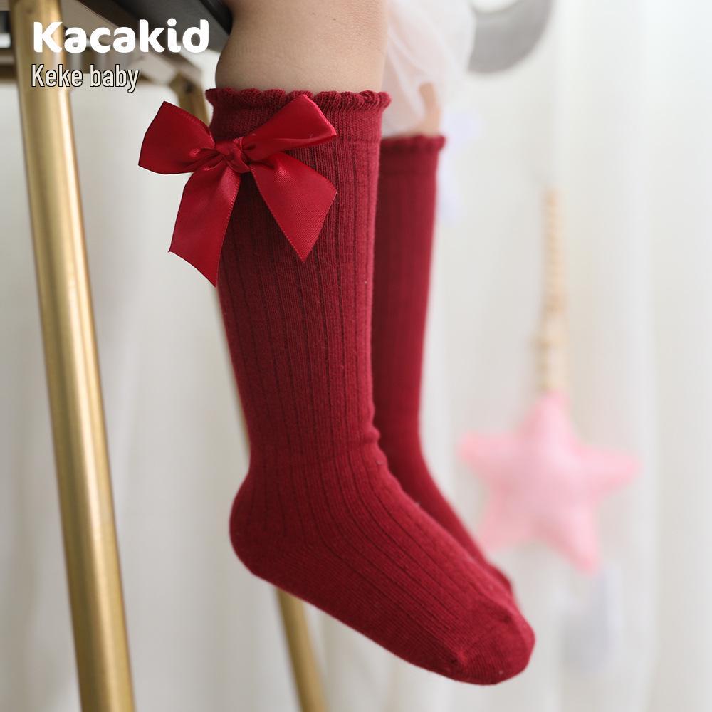 Girls' Bow Mid-Calf Cotton Socks - Cute Solid Colors for Spring & Autumn
