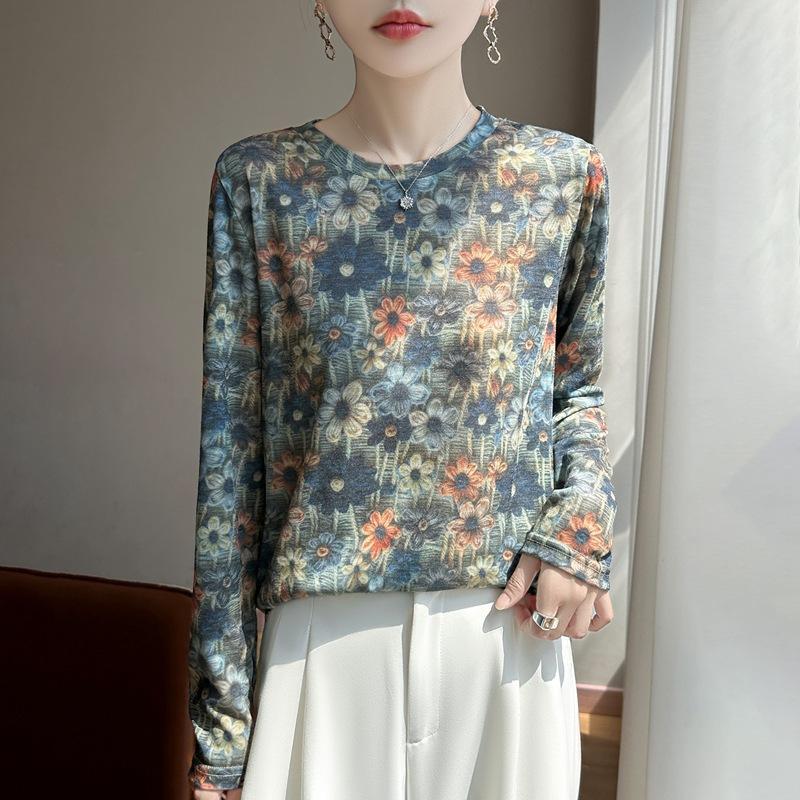 Spring/Summer New Style Round-neck Knitted Sweater Long-Sleeve Women's Printed Multi-color Loose-Fitting Base Layer Shirt