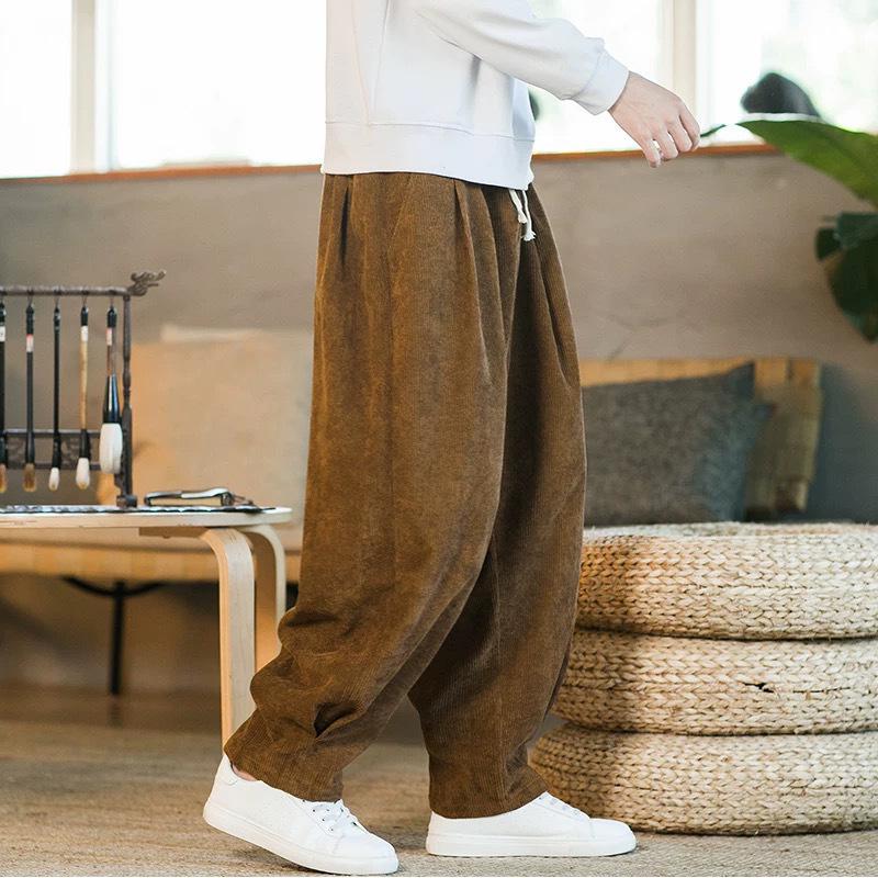 

2025 Men s Autumn/Winter Fleece-Lined Corduroy Lantern Pants, Chinese Style, Large Size, Casual and Loose Fit. 5XL