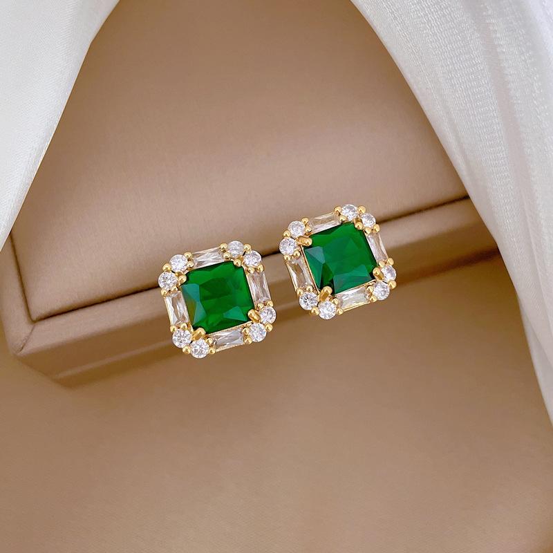 Necklace Earrings Set Light Luxury Full Of Diamonds Green Square Personality Temperament Banquet Earrings Item Group