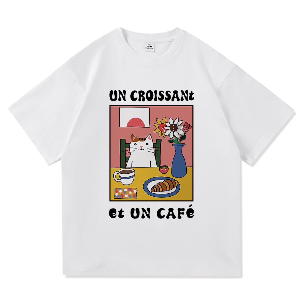 Vintage French Cafe Cat T Shirt Fashion Men/Women Funny Letter Un Croissant Et Un Cafe T-Shirt High Quality Cotton Tees Shirts