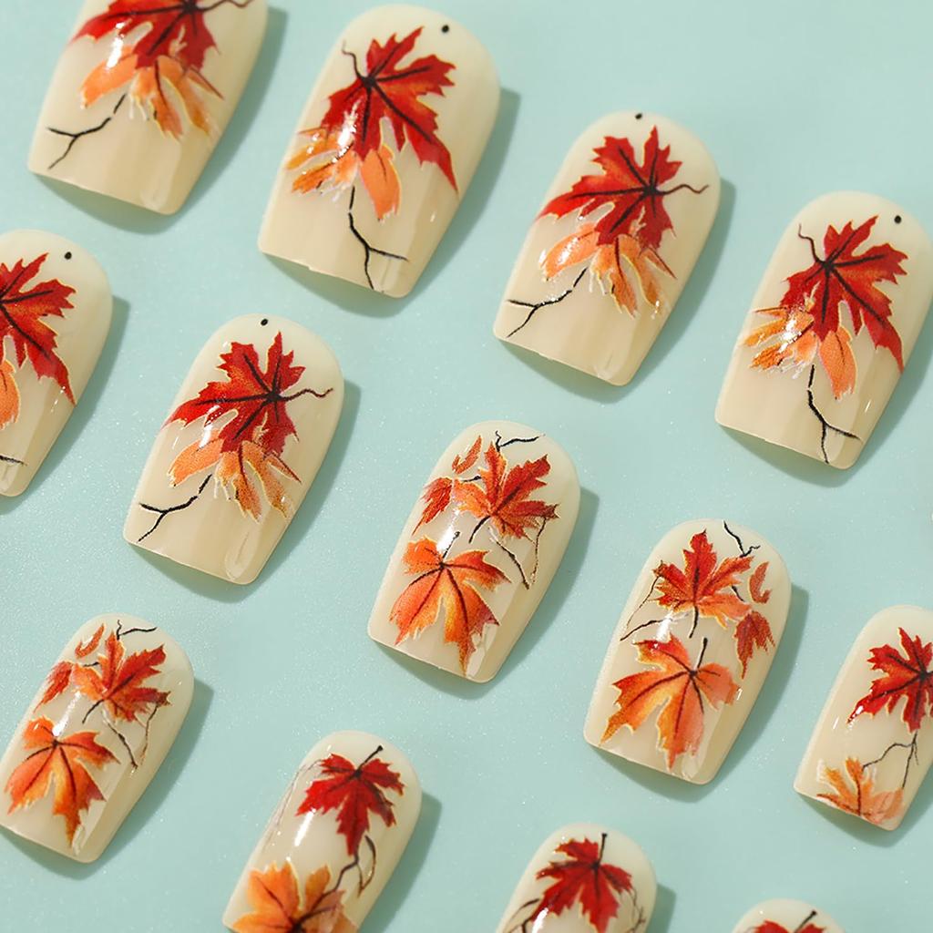 Thanksgving Day Press On Nails Square Medium Press On Nails Nude White Fall Nail Press Ons Full Cover False Nails With Maple Leaves Designs Acrylic