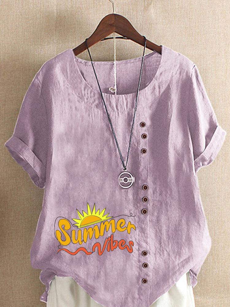 Women's Fashion Letter Print Round Neck Short Sleeve T-shirt Casual Cotton Linen Graphic Shirt Leisure Loose Summer Blouse Tops