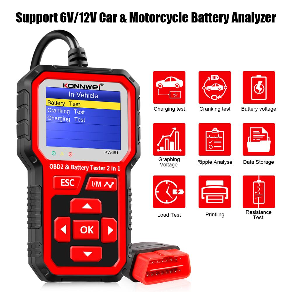 2025 KONNWEI KW681 Professional Car OBD2 Scanner Auto Diagnostic Tools 6V12V 2 In 1 Car Motorcycle OBD2 Battery Tester Tools