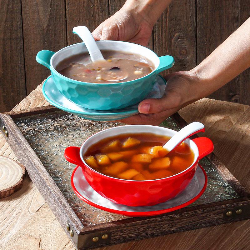 A5 Melamine Porcelain-Style Dessert Bowls: Creative Double-Ear Set for Sweets, Soup, Shaved Ice, and Snacks