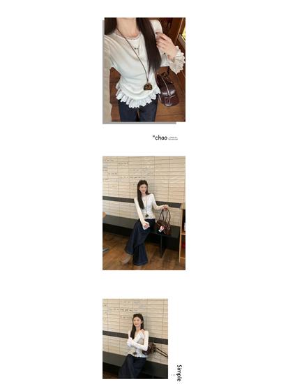 2025 New Arrival Women's White Lace Trim Long-Sleeve T-Shirt, Korean Slim Fit for Spring/Autumn