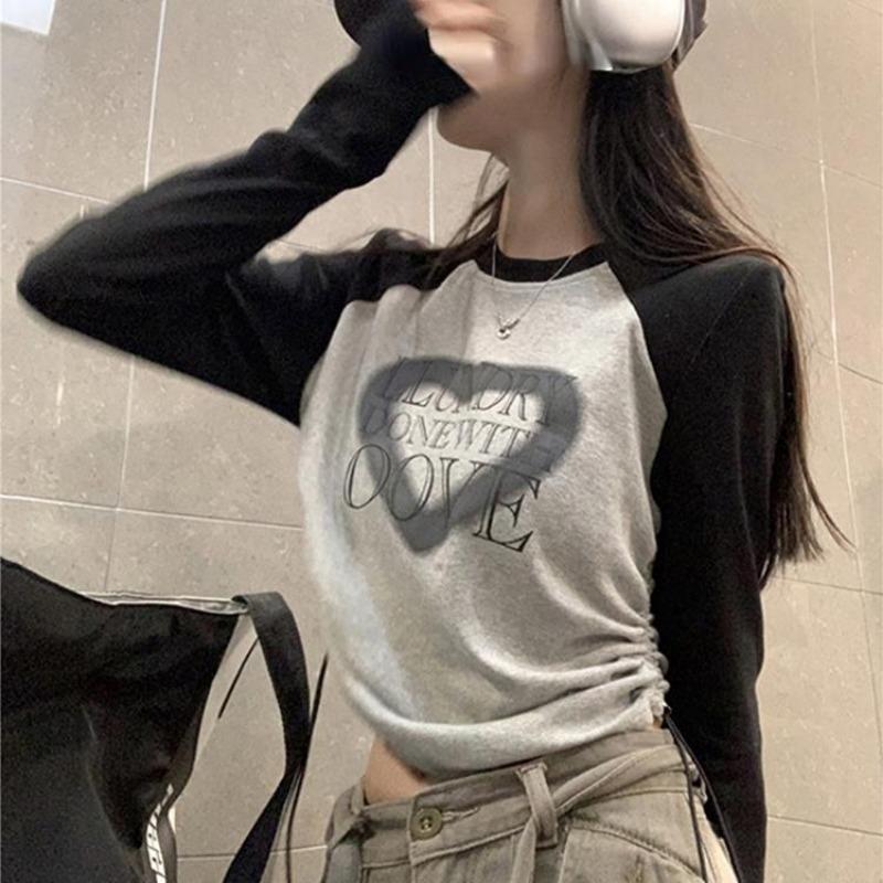 

2KWEIRD Женские футболки с длинным рукавом Весна Корейский контрастный цвет Принт в виде сердца Облегающий укороченный топ Плиссированная повязка Эстетика Y2k Женская футболка XXL серый