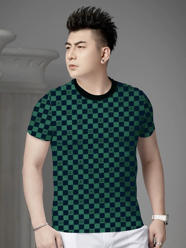 European Goods 2025 Summer New Men s Plaid Printed Short-Sleeved T-Shirt Trendy Brand Casual Round-Neck Top Half-Sleeved T-Shirt XL зелёный