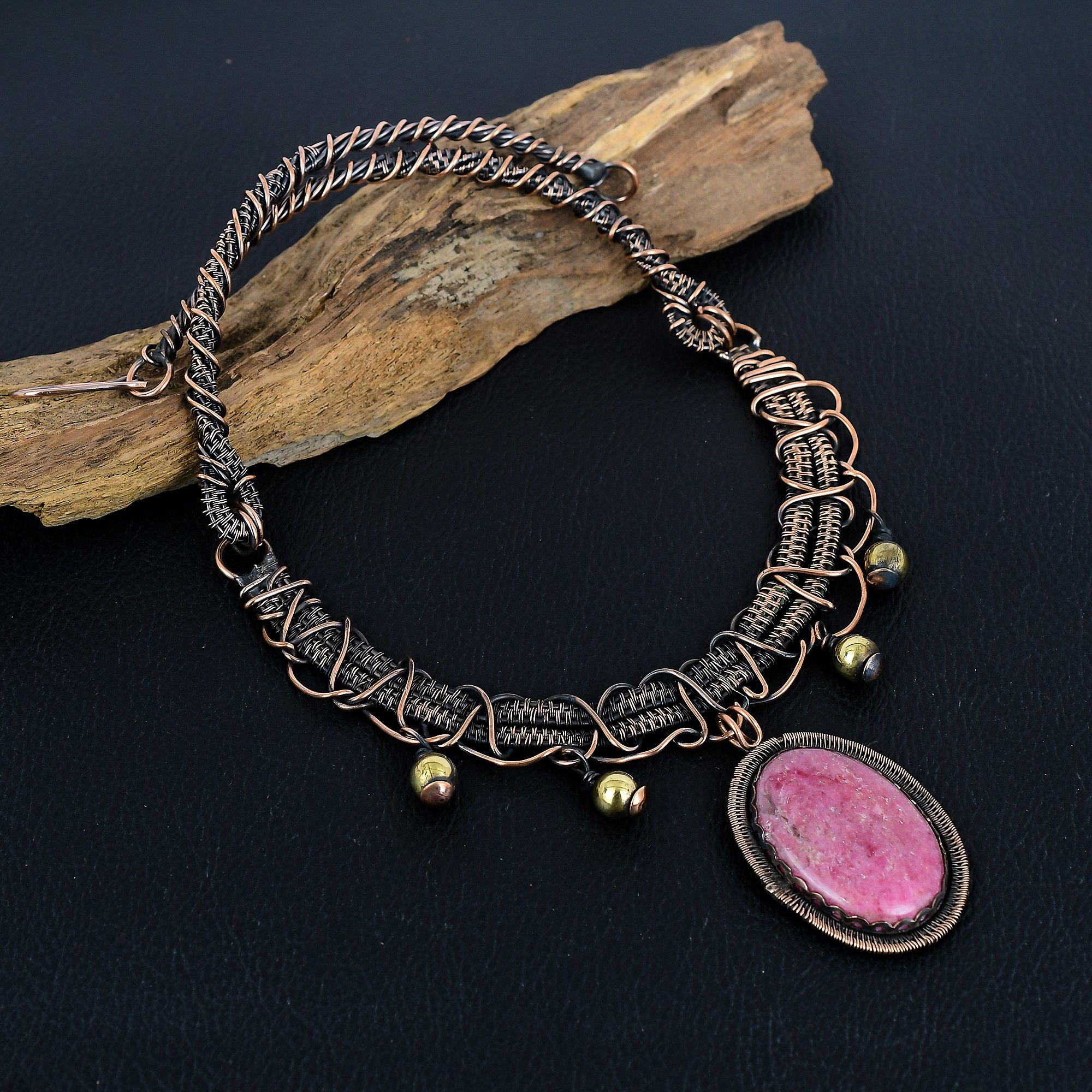 

Ожерелье из родонита, Ожерелье из драгоценного камня, обернутое медной проволокой 999 пробы, Украшения ручной работы, Подарок на день рождения и годовщину для нее