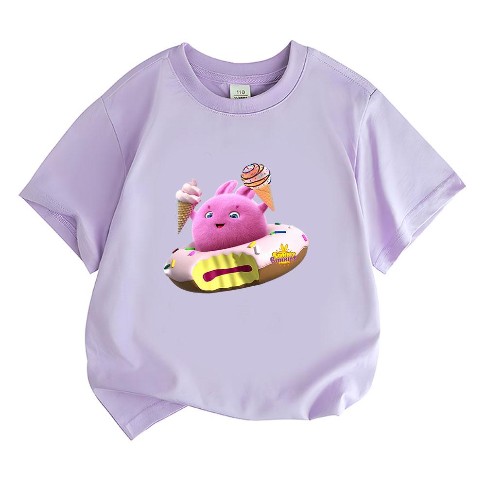 Sunny Bunnies Children's Cartoon T-Shirt Cotton Kids Tees Ice Cream Pattern Cute Boys Girls Tops O-Neck Short Sleeve Summer