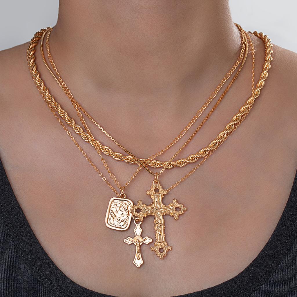 4 fashionable vintage hollowed out cross pendants Fried Dough Twists braid multi piece set women's necklace