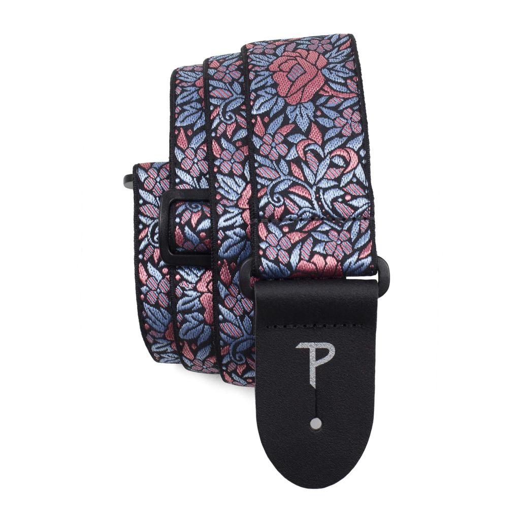 P Leathers Guitar Strap Nylon Pink and Blue Floral Print Adjustable For and Electric Guitars Made in Canada Perri's Ltd. - - - - - Acoustic, Bass, -