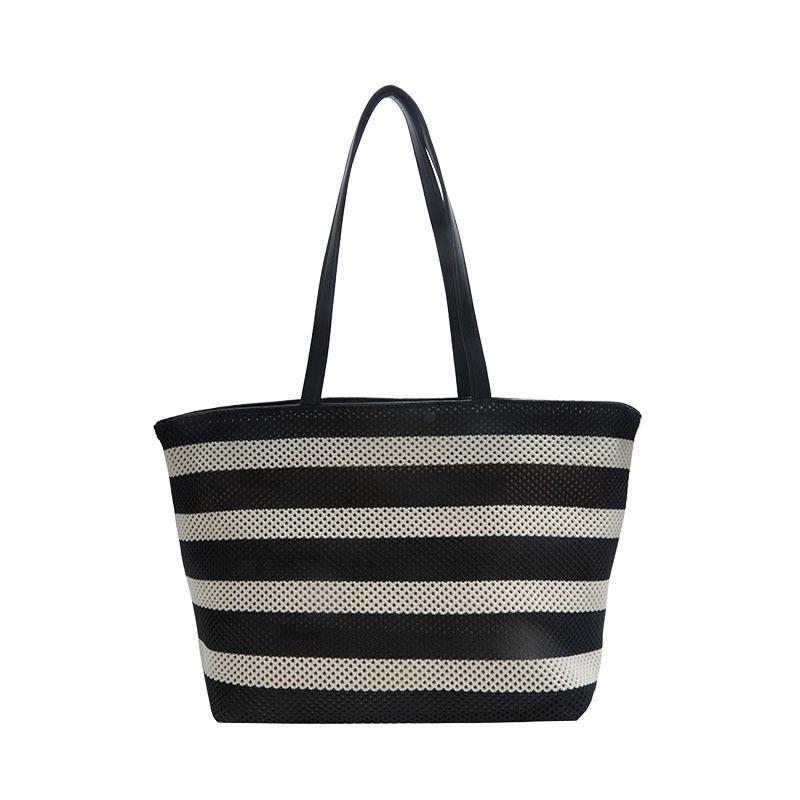 Black and white striped shopping bag Lazy wind tote bag Simple woven large-capacity shoulder commuter bag