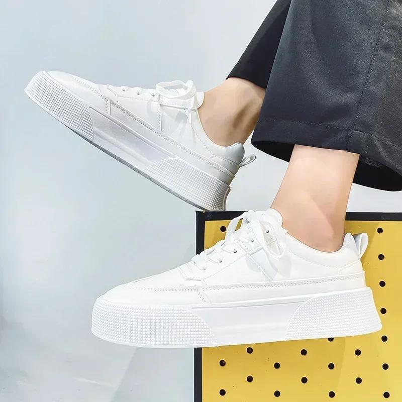 2025 New Men's White Shoes Leather Casual Sports Shoes Comfortable Vulcanized Shoes Men's White Men's Tenis Masculinos