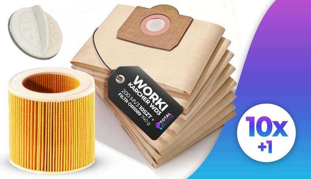 Sacchetti per Aspirapolvere Karcher Wd3 200 Mv3 10 Pezzi Carta 2 Strati + Filtro