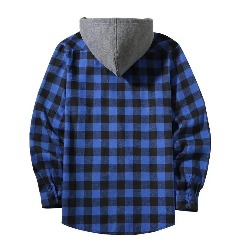 Men's Shirts Classic Plaid Casual Button Down Hooded Long Sleeved Double Pockets Shirt Hoodie Flannel Jacket Spring Autumn