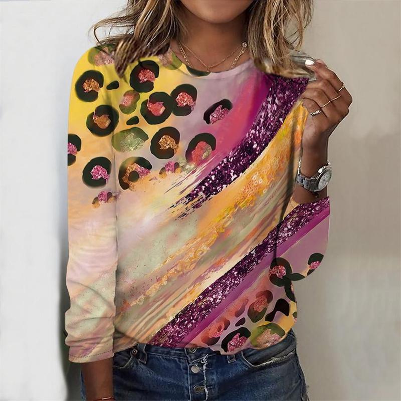 

Spring and Autumn Round Neck 3D Leopard Printed Top Fashionable Casual Classic Long Sleeved Women s T-shirts 5XL
