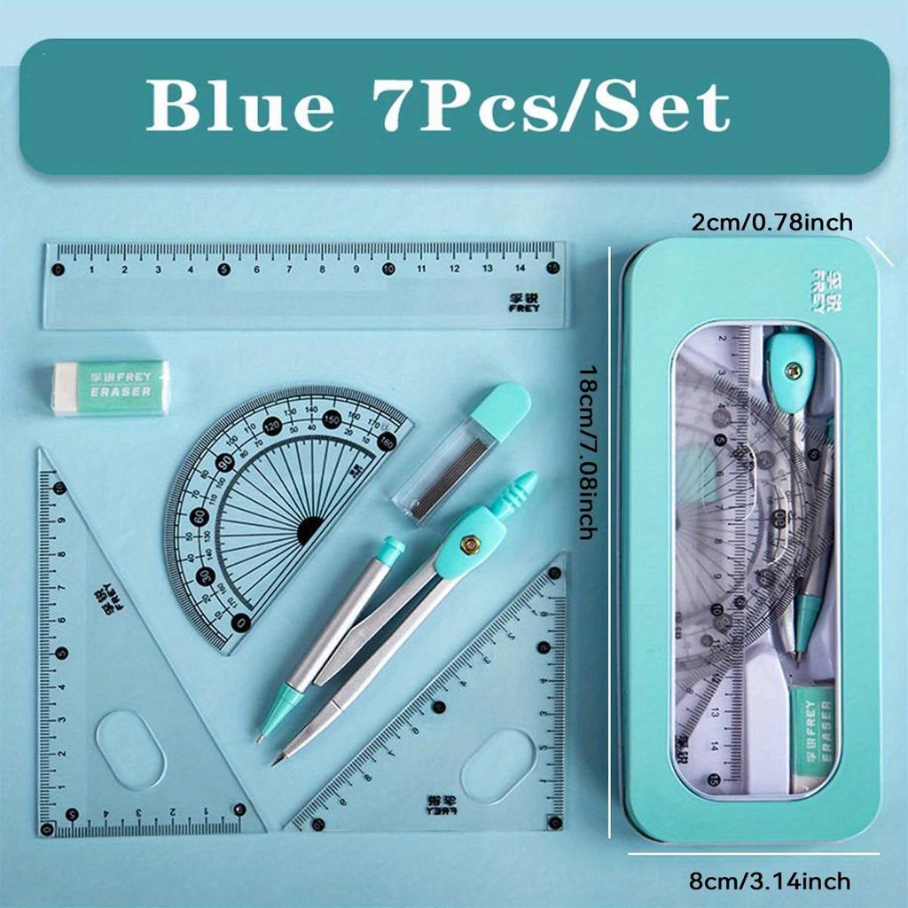 7-piece Set of Ruler, Triangle Ruler, Protractor, Compass, Student Stationery, Back To School Math Supplies