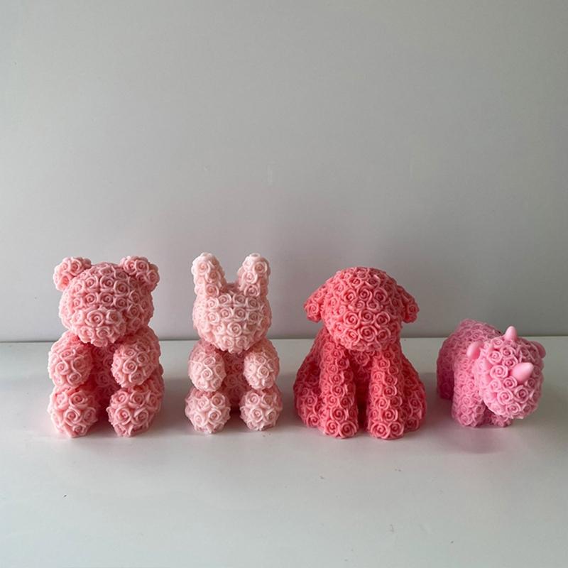 Rose Series Animal Aromatherapy Candle Silicone Mold Diy Rabbit Bear Handmade Soap Dripping Plaster Decoration Mold
