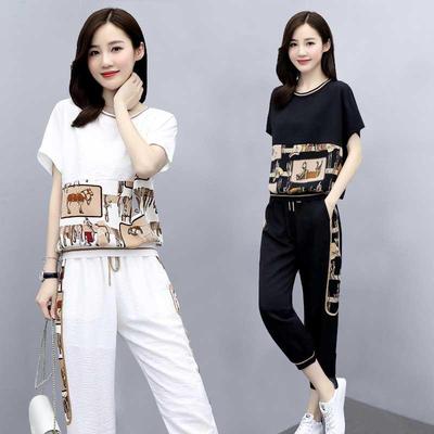 Women's Summer Fashion Casual Sports Suit Loose Short-sleeved T-shirt Plus Elastic Waist Loose Pants Two-piece Set