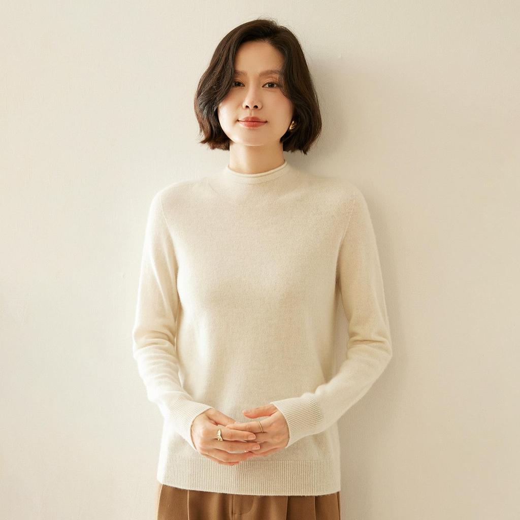 Women's Cashmere Half-High Collar Sweater: Autumn/Winter Style, Twelve-Stitch Rolled Hem, Loose Slimming Knit Base Layer