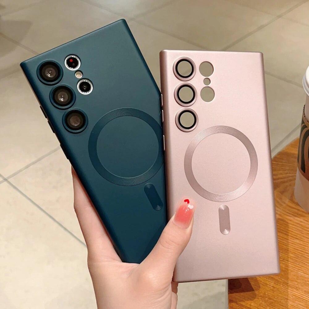 Luksusowe matowe magnetyczne etui na telefon do Samsung Galaxy S24 Ultra S23 FE ładowanie bezprzewodowe szklana ochrona obiektywu miękka, odporna na wstrząsy obudowa