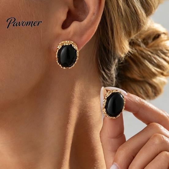 Täglicher Schmuck in Goldton 1 Paar Vintage Ovale Ohrstecker für Damen, Retro Statement Elegante Harz-Edelstein-Ohrringe, Rahmen Klobiger Stein