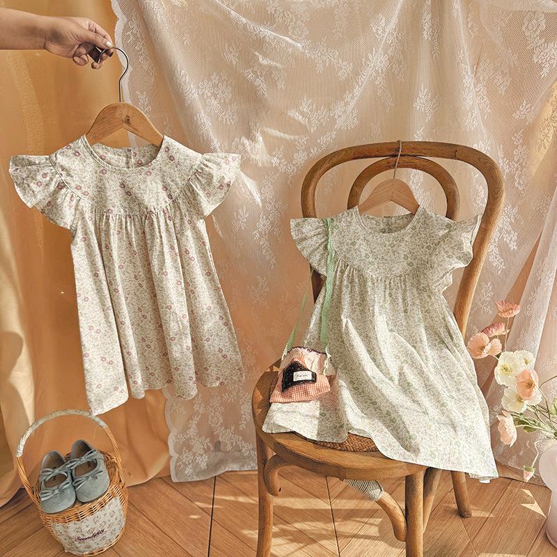 Summer Girls Floral Cotton Dress Sweet Round Neck Flutter Sleeve Princess Casual Dress For Kids