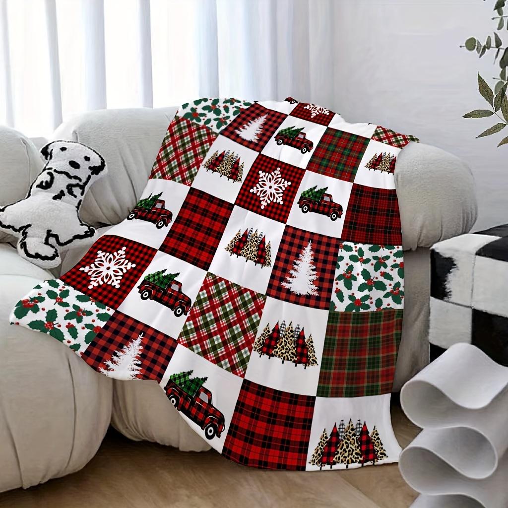 Christmas Truck Flannel Blanket - Reversible Buffalo Plaid Throw, Soft Polyester for Sofa/Bed, Cozy Holiday Gift