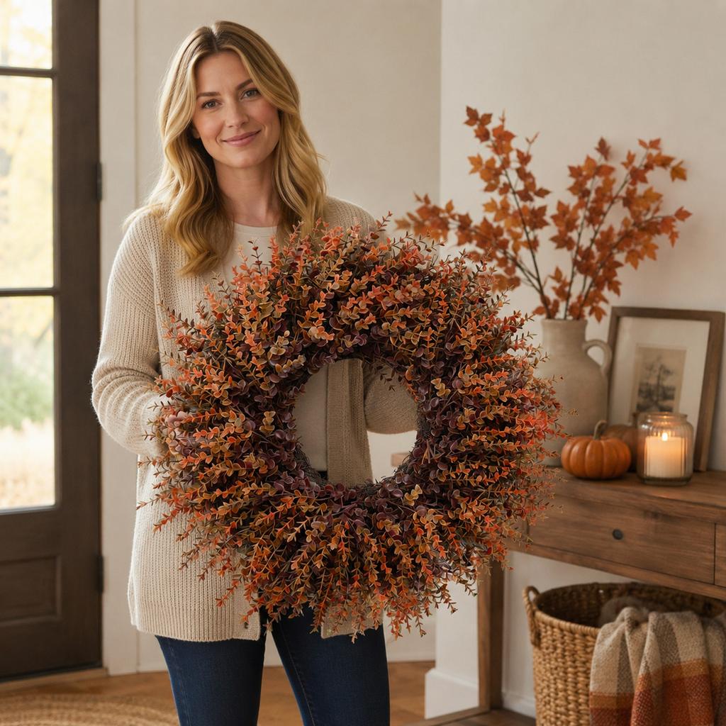 Couronne de Thanksgiving avec Feuilles de Buis pour Porte d'Entrée Décoration de Maison