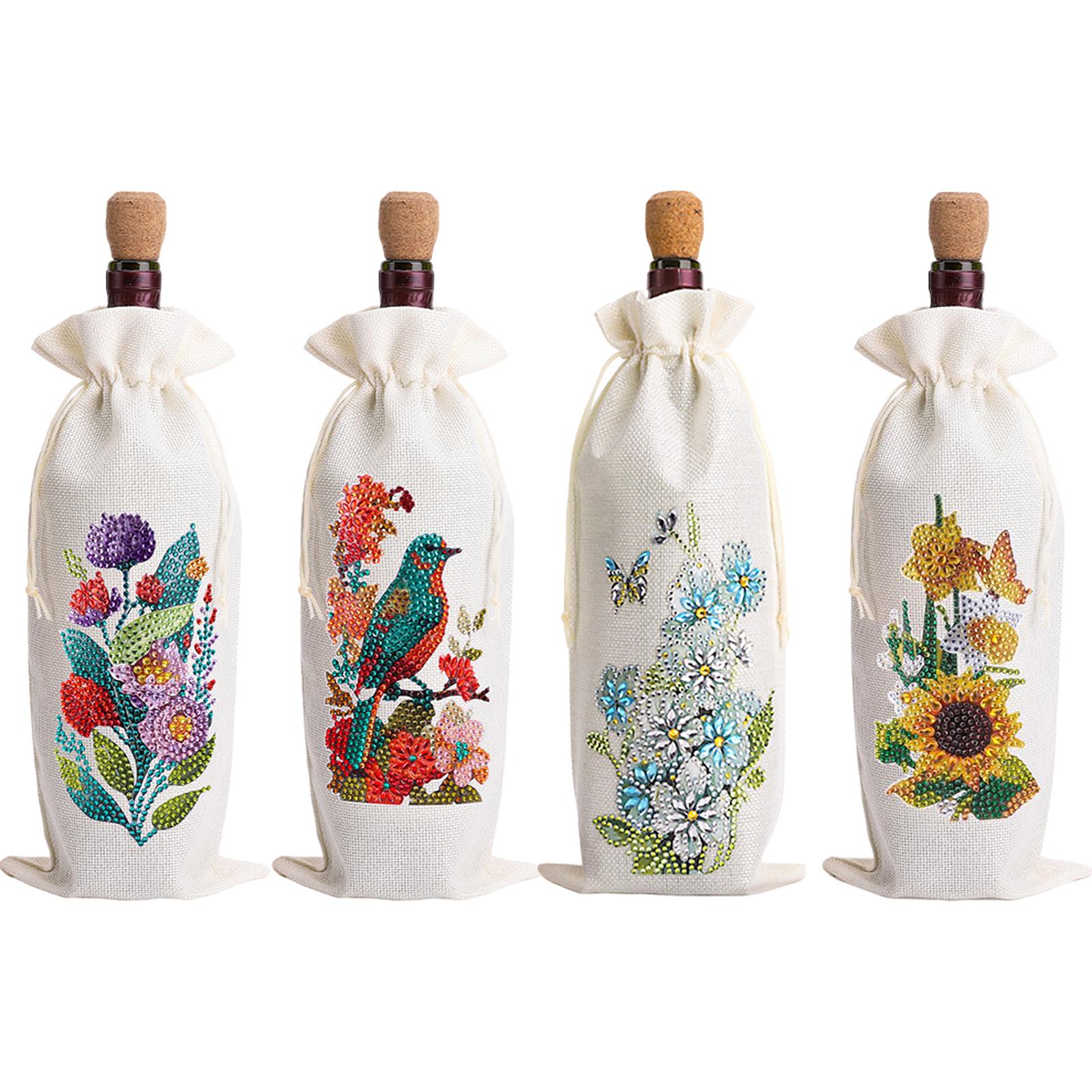 

4Pcs 5D/DIY Diamond Art Label Liquor Bottle Cover Wine Champagne Decorative Bag Crystal Painting Wine Bottle Bag for Christmas
