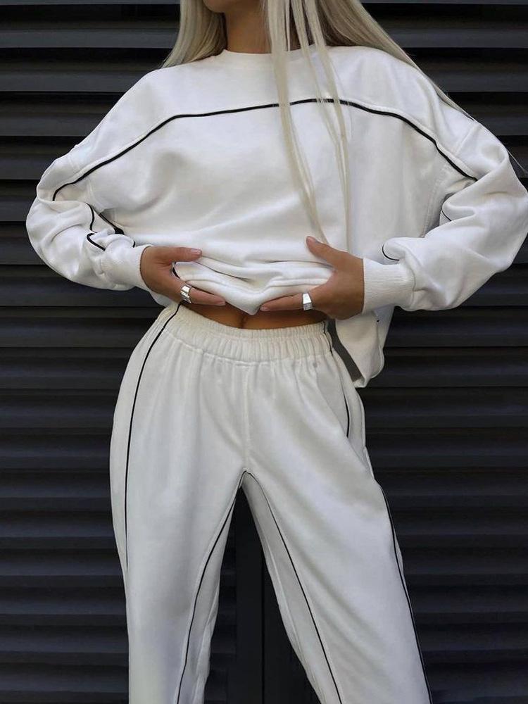 Damen Streetwear Mode Langarm Gestreifter Hoodie Hose Set Lässiges Zweiteiliges Lounge Outfit