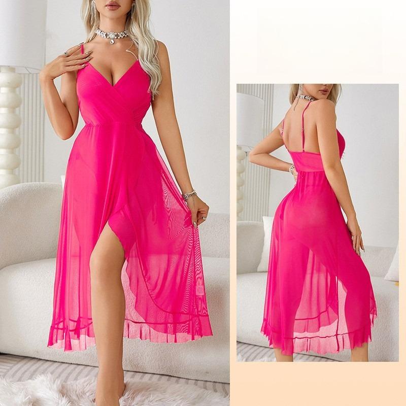 Elegantes V-Ausschnitt Nachthemd mit hohem Schlitz, rückenfrei, ärmellos, sexy Cami, Damen-Loungewear 683, anspruchsvolle, schmeichelhafte Nachtwäsche für selbstbewusste Frauen