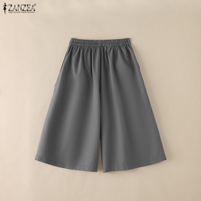 ZANZEA Womens Casual Solid Color Loose A-line Wide Leg Capris Pants