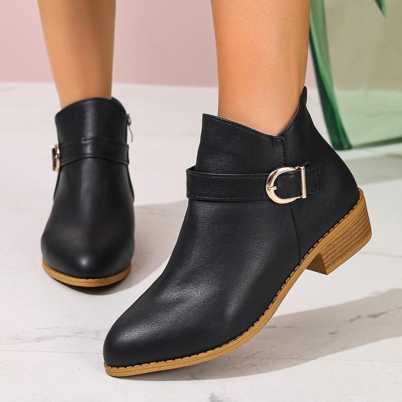 Women's Autumn-Winter Pointed-Toe Chunky-Heel Side-Zip Short Boots, Fashionable Comfortable Footwear, Available In Large Sizes.