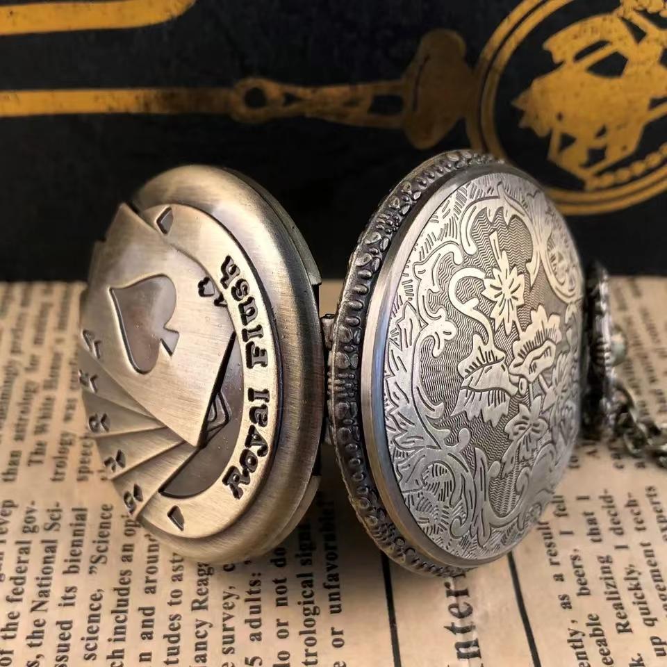 Vintage Bronze Poker Cartoon Quartz Pocket Watch for Men Women
