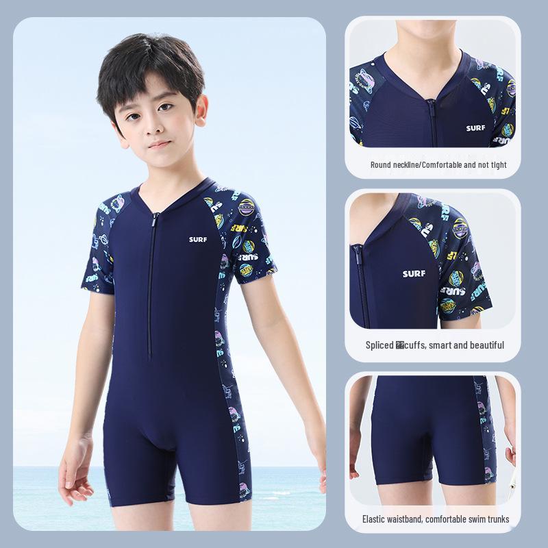 Kids' 2025 Quick-Dry Conservative One-Piece Swimsuit - Boys' Korean Style, Short-Sleeve, Sun Protection, Sporty Design