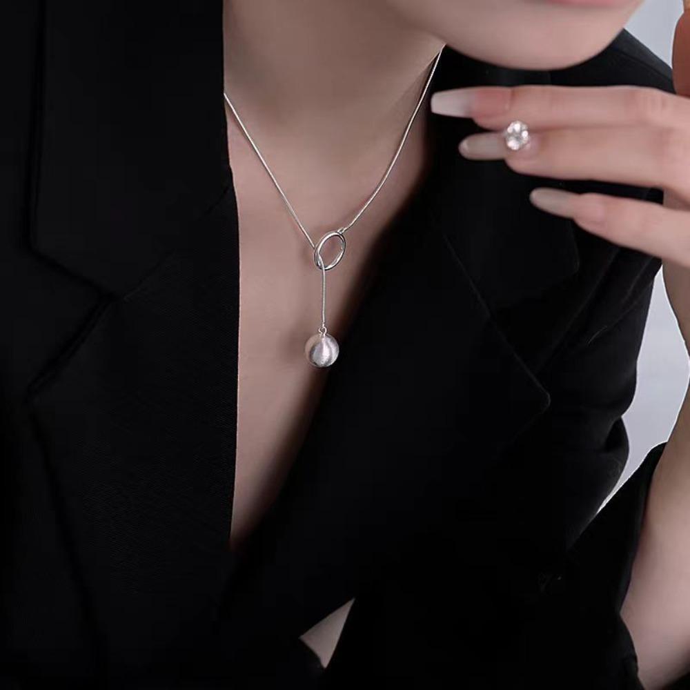 Geometric Shape Long Sweater Chain Luxury Silver Bead Necklace Brushed Round Ball Necklace  Gift