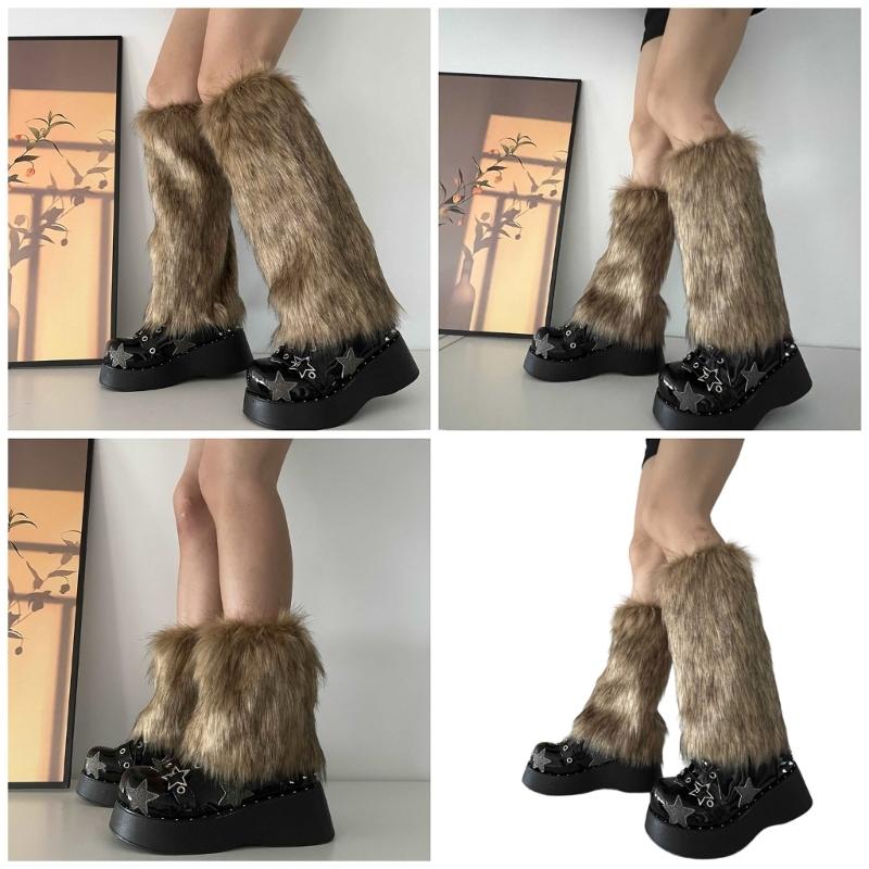 Fuzzy Faux Furs Leg Warmers Furs Heels Long Boots Cuffs Cover Has Elastic One Pair Carnivals Boot Cover Y2K JK Uniform