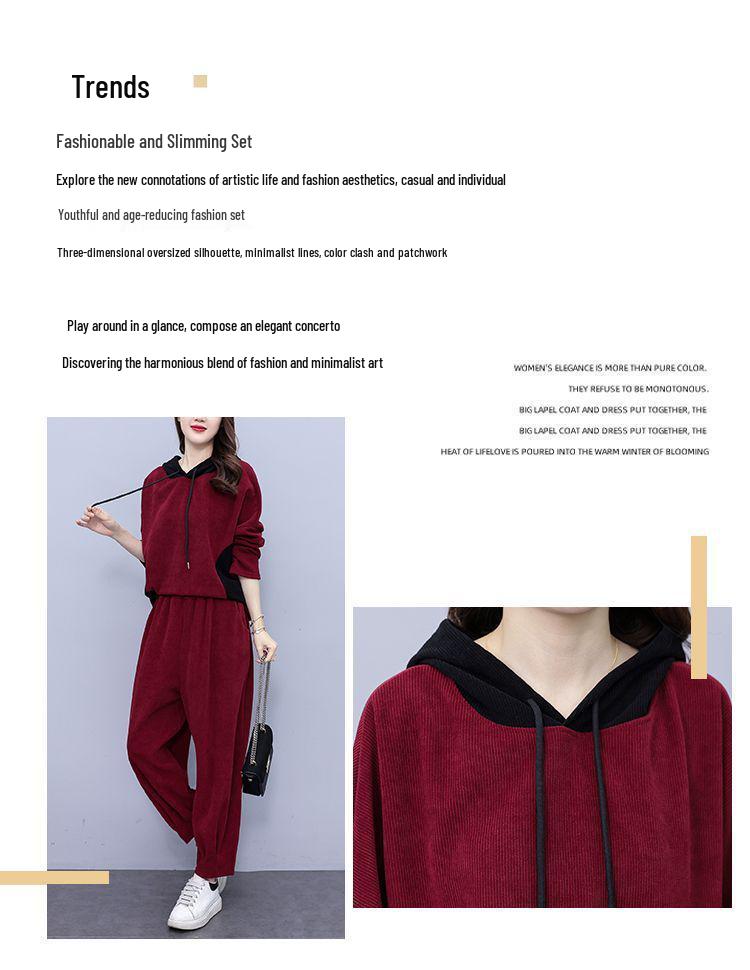 Zesílený manšestrový módní set s kapucí - Nadměrná velikost podzimní ležérní dvoudílný outfit