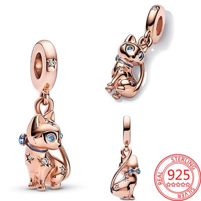 New Arrival 925 Silver Sparkling Rose Gold Pet Cat Kitty Charm Fit Fashion Bracelet and Necklace DIY Women Jewelry Birthday Gift