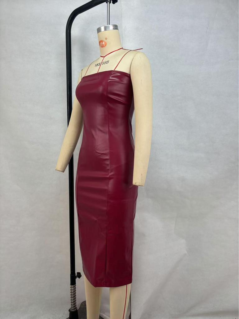 Evropské a americké dámské sexy šaty bez ramínek s rozparkem z PU kůže - Kolekce podzim/zima 2024