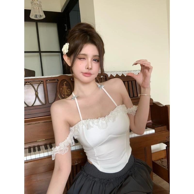 Cotton Pure Wind Lace One-line Shoulder Hanging Neck Bow with Chest Pad Small T-shirt Female Summer Spice Girls Wear Outside