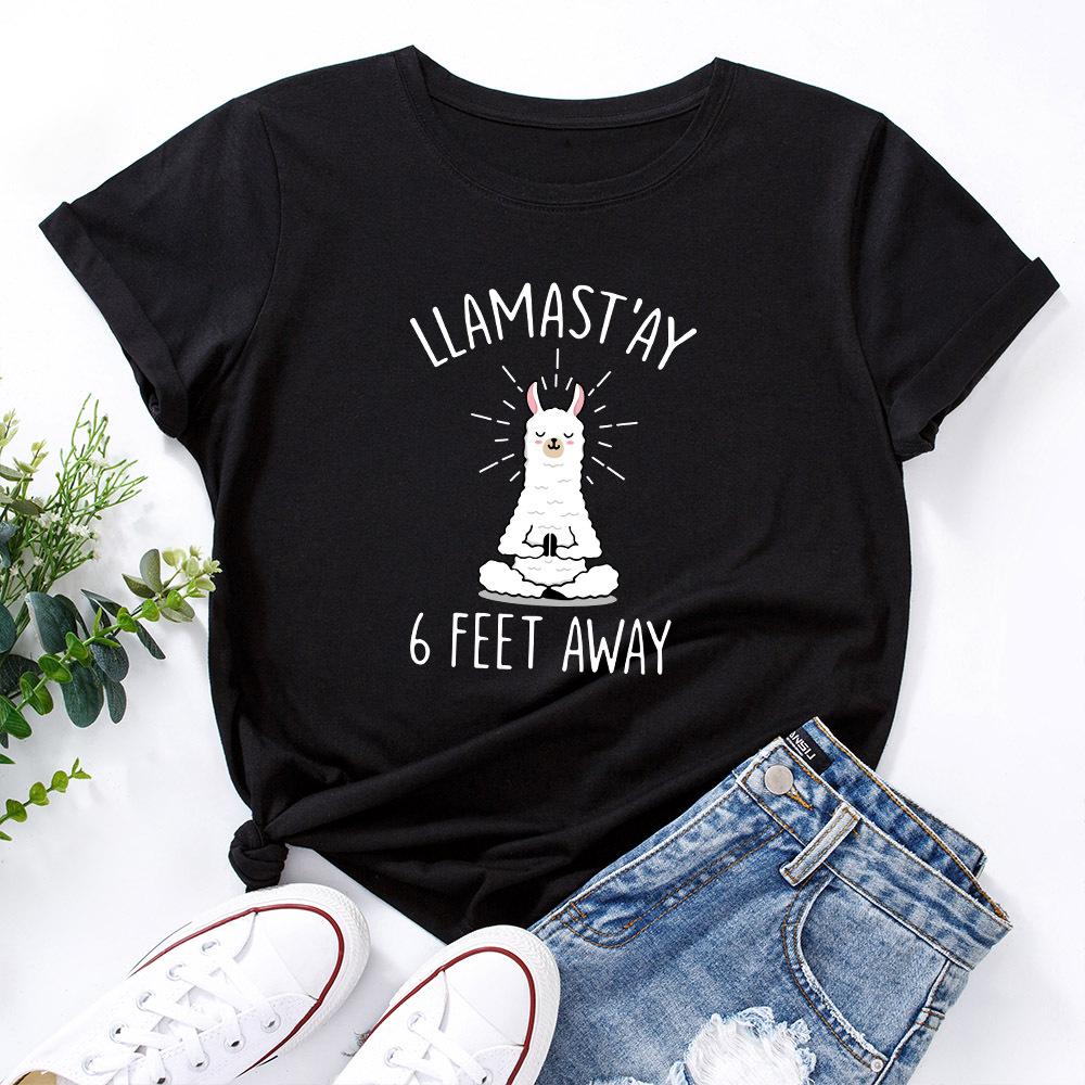 Women's Buddhist Style Alpaca Print Loose Round Neck Short Sleeved T-shirt for Women Shirt